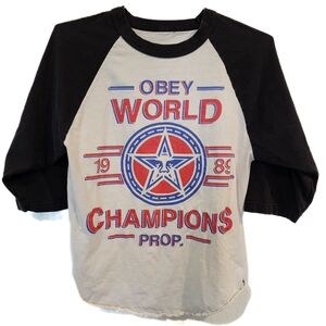 Obey World Champions Prop 1985 Baseball Style 3/4 Sleeve White T Shirt